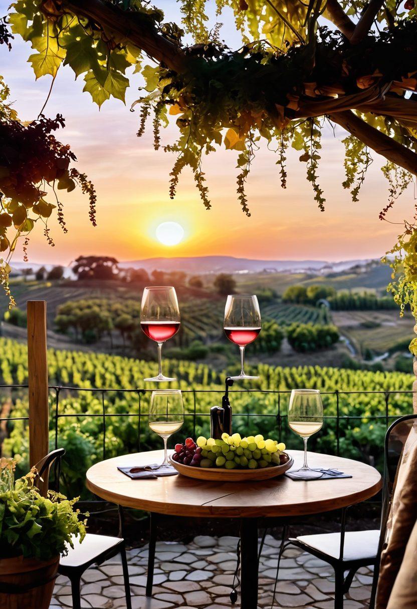 A picturesque vineyard at sunset, with lush grapevines dripping with ripe grapes and an inviting outdoor wine tasting setup featuring elegant glasses and a bottle of wine. Surround the scene with cozy furniture and soft fairy lights to create a joyful and inviting atmosphere. Add rolling hills in the background and a few happy friends clinking glasses, celebrating the love of wine and life. super-realistic. warm colors. vibrant. idyllic.
