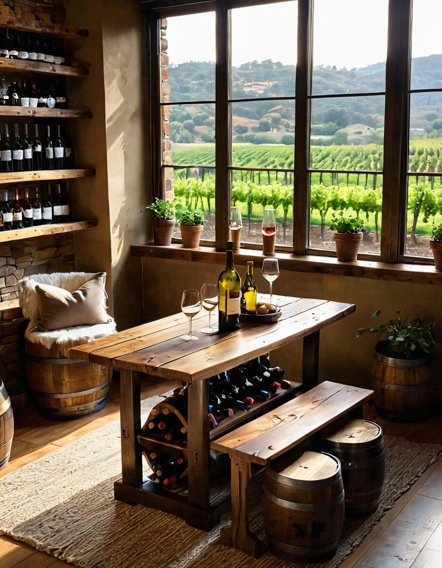 A cozy living room adorned with rustic wine barrels converted into tables, shelves filled with elegant wine bottles, and a beautifully set wooden dining table with wine glasses sparkling. Sunlight streams through a window, casting a warm glow, and a lush vineyard backdrop is visible outside to enhance the wine theme. Soft, inviting colors and textures create a joyful atmosphere. super-realistic. warm colors. cozy setting.