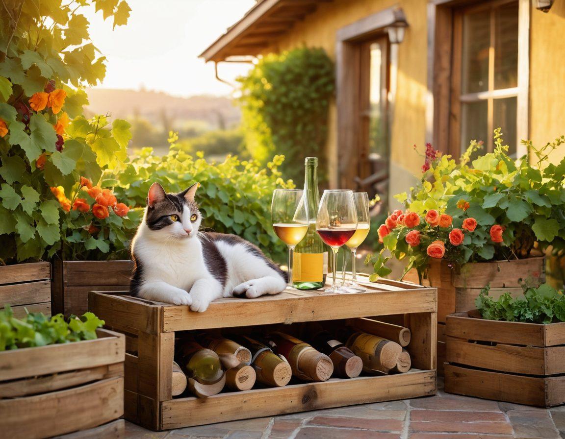 A warm, inviting vineyard setting at sunset, featuring rustic wooden crates filled with colorful wine bottles and glasses. Cheerful floral arrangements and cozy seating invite relaxation and joy, surrounded by lush green grapevines. A playful cat lounges in the foreground, embodying the essence of cheerful living. Soft golden hues illuminate the scene for a warm, welcoming atmosphere. super-realistic. vibrant colors. natural setting.